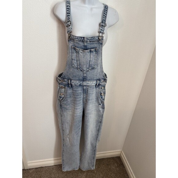 Old Navy Overalls Women 12 Acid Wash Denim Bib Skinny Hip Zip Carpenter Festival - Picture 1 of 7